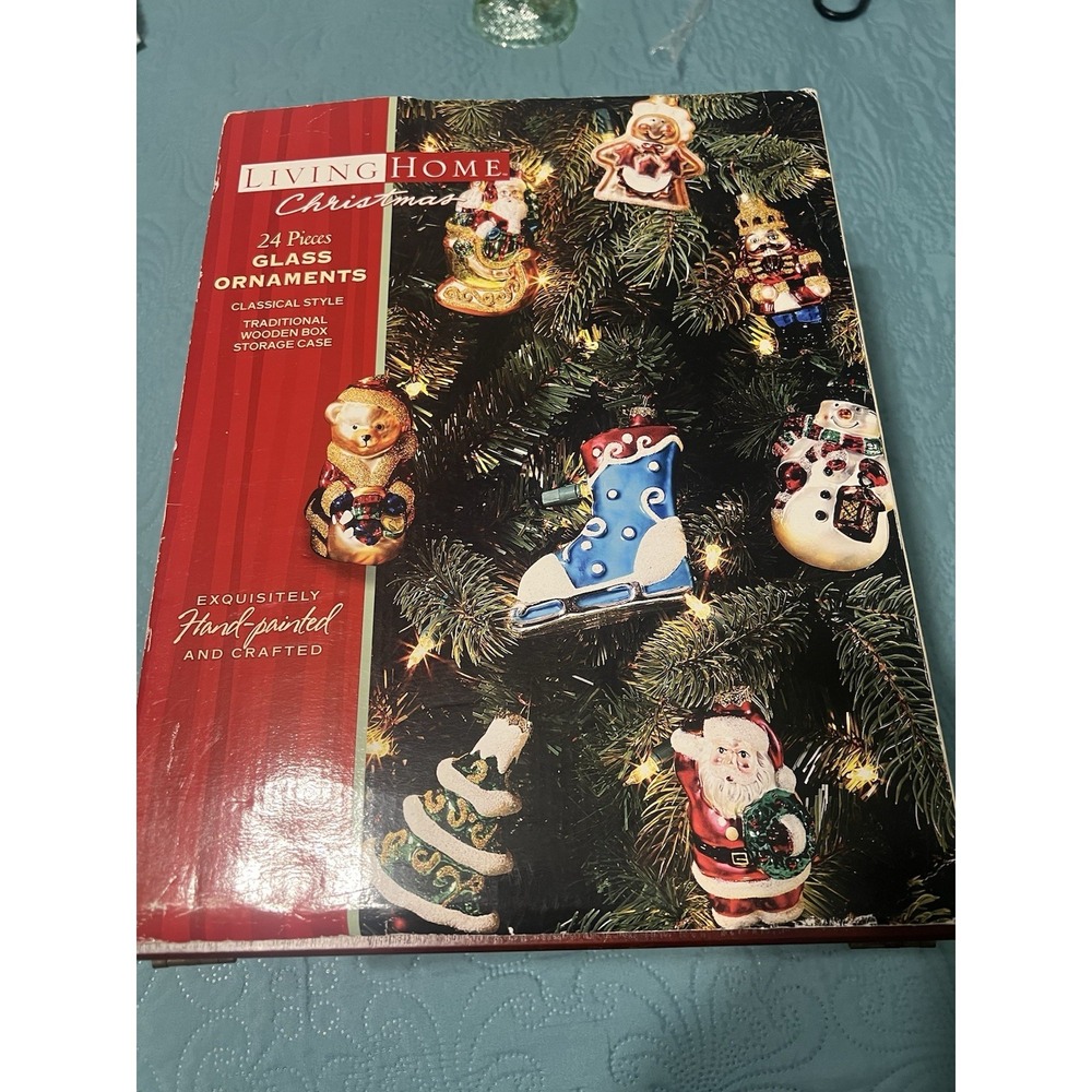 Living Home Christmas 24pc Hand-Blown Hand-Painted Glass Ornaments w/ Wood‎ Box